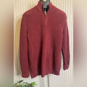 LL Bean Men's Organic Cotton Waffle Knit 1/4 Zip Sweater Medium Fisherman Wine